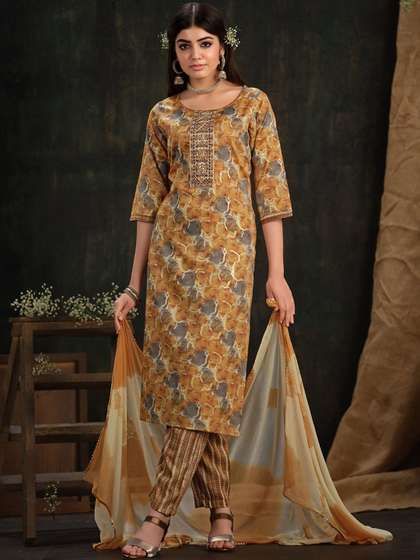 Sangria Printed & Thread Work Round Neck Straight Kurta With Trouser & Dupatta