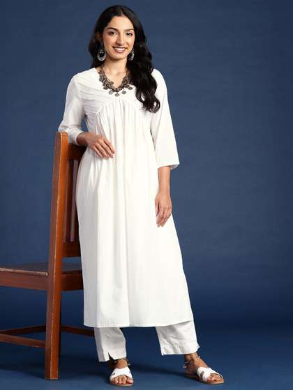 Taavi Pure Cotton Romance Woven Legacy Pintuck Details A-Line Kurta