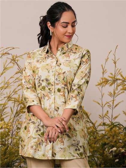 Libas Floral Printed Shirt Collar Kurti