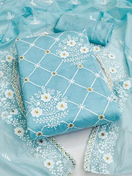 MANVAA Chanderi Cotton Embroidered Unstitched Dress Material