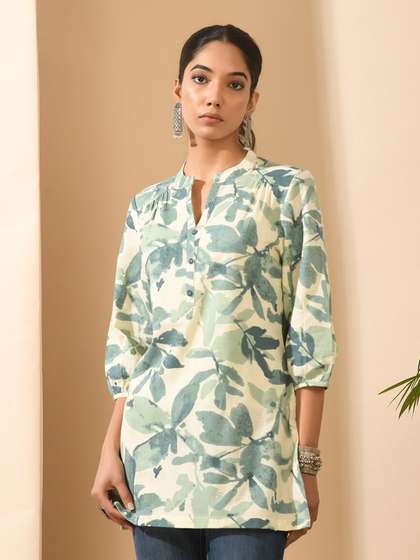 MEESAN Floral Printed Mandarin Collar Pure Cotton Kurti