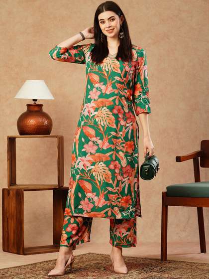 GoSriKi Floral Printed Thread Work Regular Straight Kurta With Palazzos