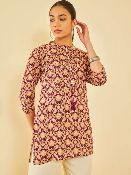 Soch Maroon Floral Printed Mandarin Collar Straight Kurti