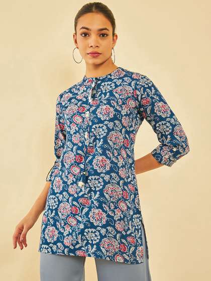 Soch Blue Floral Printed Mandarin Collar Straight Kurti