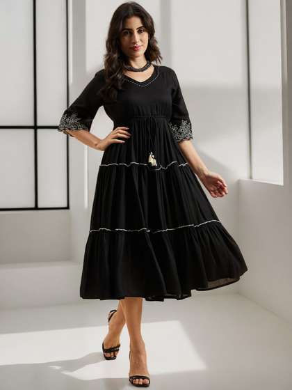 Azira Floral
                          Embroidered V Neck Bell Sleeves Empire Fit
                          & Flare Tiered Ethnic Dress
