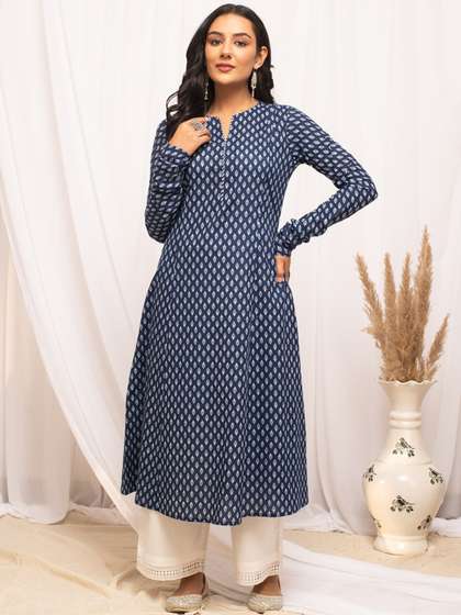 FIORRA Ethnic Motifs
                        Printed Notched Neck Pure Cotton A-Line Kurta