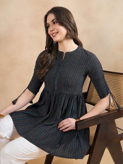 Anouk X fwd Striped Thread Work Mandarin Collar Pure Cotton A-Line Short Kurti
