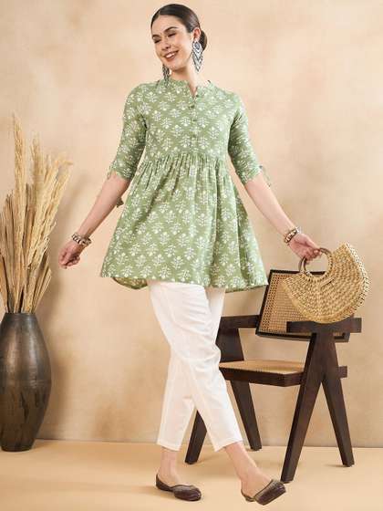 Anouk X fwd Floral Printed Ruched Cotton A-Line Short Kurti