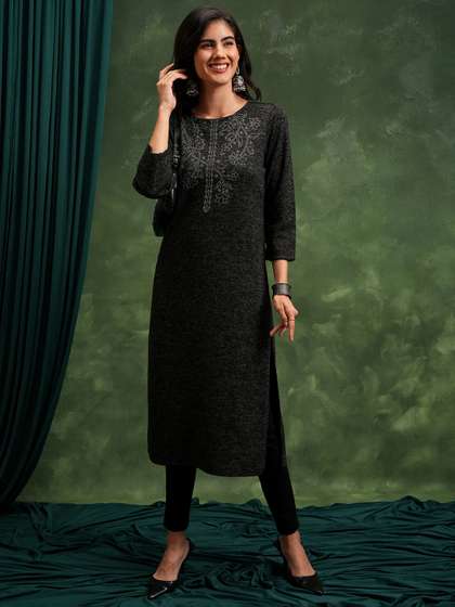Vishudh Black Abstract Printed Beads & Stones Straight Kurta
