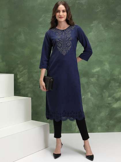 Vishudh Navy Blue Embellished Yoke Design Beads and Stones Straight Kurta