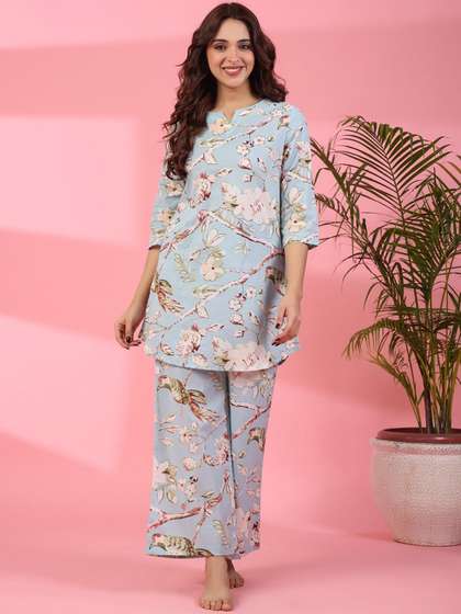 SANSKRUTIHOMES
                        Floral Printed Notched Neck Pure Cotton Kurti
                        With Pyjamas