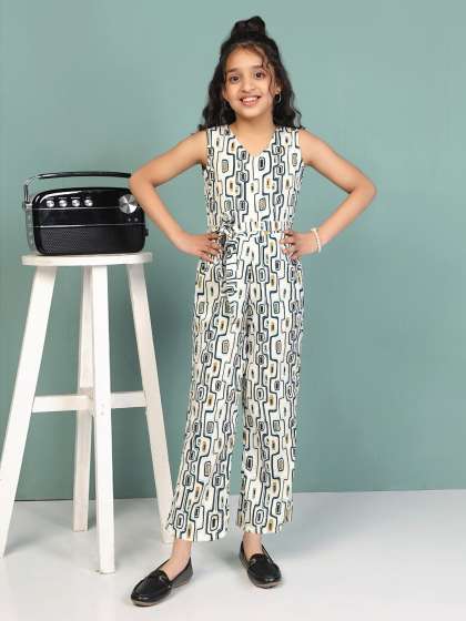 FASHION DREAM Girls Geometric Printed V-Neck Sleeveless Basic Jumpsuit