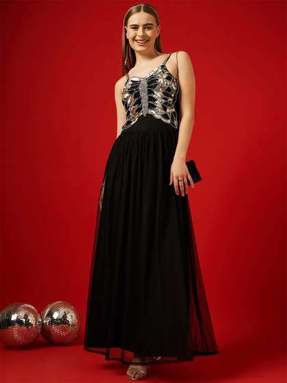 STREET 9
                          Embellished Shoulder Straps Net Maxi Dress