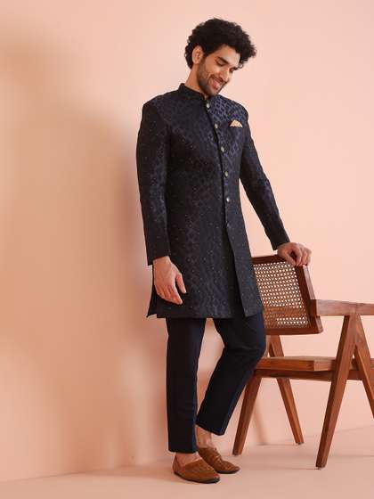 KISAH Men Self-Design
                      Mandarin Collar Kurta Indowestern Sherwani Trouser
                      Set