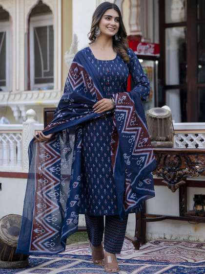 Nayo Geometric
                          Printed Pure Cotton Straight Kurta With
                          Trousers & Dupatta