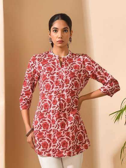 MEESAN Floral Printed Mandarin Collar Roll-Up Sleeves Pure Cotton Kurti