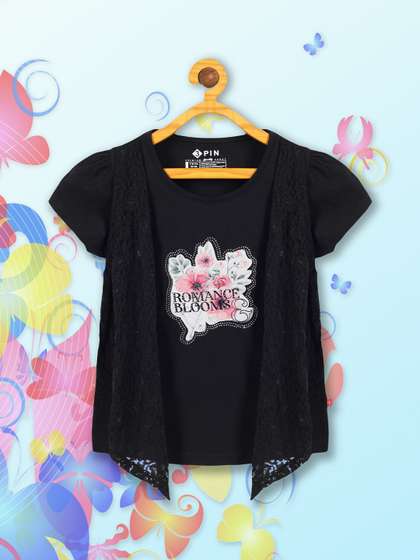 3PIN Girls Floral
                    Printed Round Neck Puff Sleeves Lace-Up Cotton
                    Regular Top