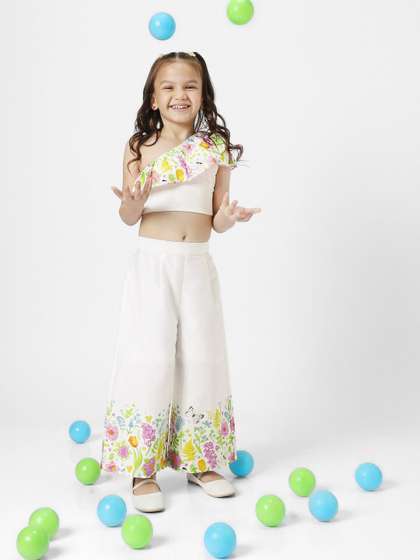 Nauti Nati Girls Printed
                    One Shoulder Ruffles Pure Cotton Top with Trousers