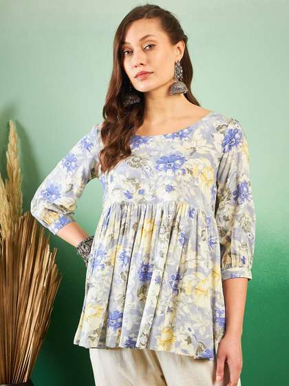 Sangria Pleated Round Neck Kurti