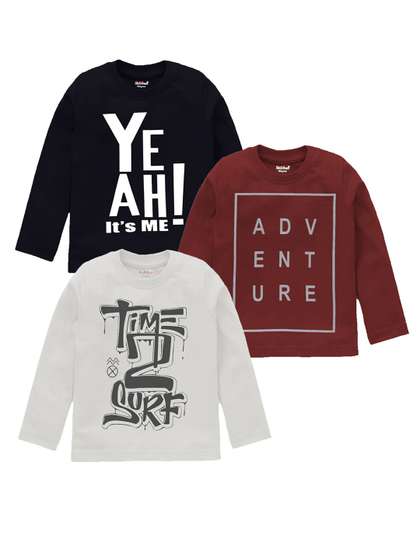 Kiddeo Boys Pack Of 3
                      Typography Printed Long Sleeves Cotton T-shirt