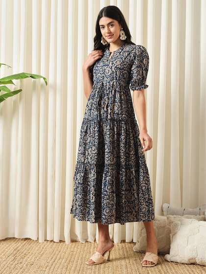 KALINI Floral
                        Printed Mandarin Collar Puff Sleeves Cotton Fit
                        and Flare Dress