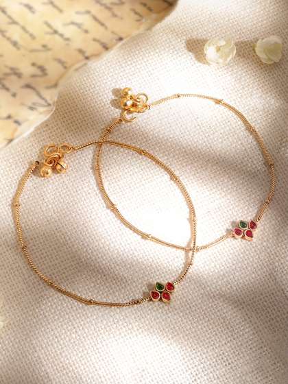Rubans Set of 2 22K
                        Gold-Plated Red & Green Kundan Studded
                        Anklets with Gold Beads