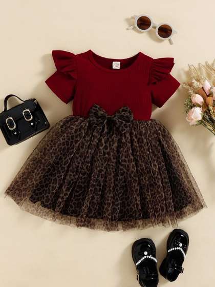 BAESD Girls Floral Puff
                    Sleeves Net Fit & Flare Dress