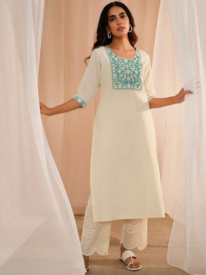 Gerua By Libas Floral Embroidered Yoke Design Round Neck Cotton Straight Kurta