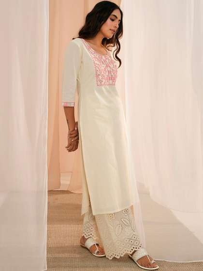 Libas Floral Embroidered Yoke Design Round Neck Cotton Straight Kurta