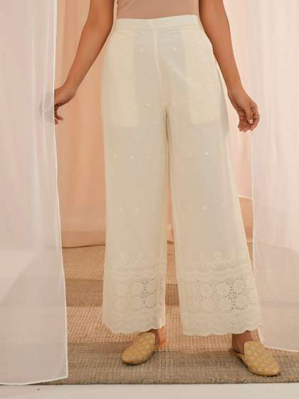 Libas Floral Embroidered Cotton Wide Leg Palazzo