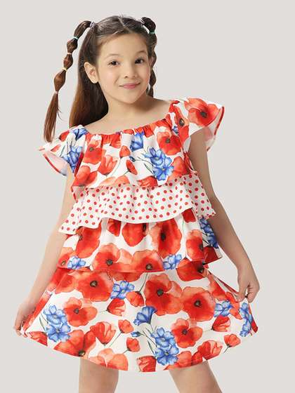 One Friday Kids Girls
                    Floral Printed Off Shoulder Top With Frills