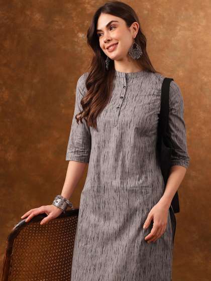 Anouk Grey Abstract Printed Mandarin Collar Cotton Kurta
