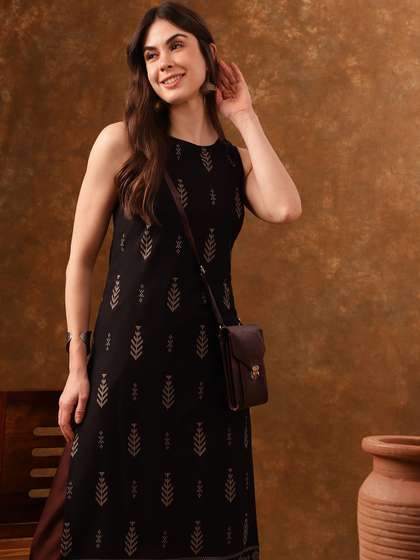 Anouk Black Ethnic
                        Motifs Printed Sleeveless Straight Kurta