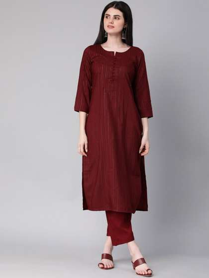 KALINI Striped Round
                        Neck Three-Quarter Sleeves Thread Work Kurta
                        with Trousers