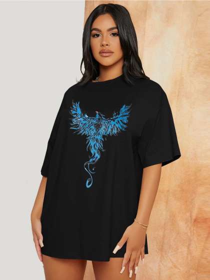 TRENDY RABBIT Graphic Printed Drop Shoulder Sleeves Cotton Oversized T-shirt