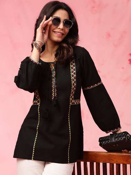 Anouk X fwd Black Geometric Embroidered Tie Up Neck Cotton Short Kurti