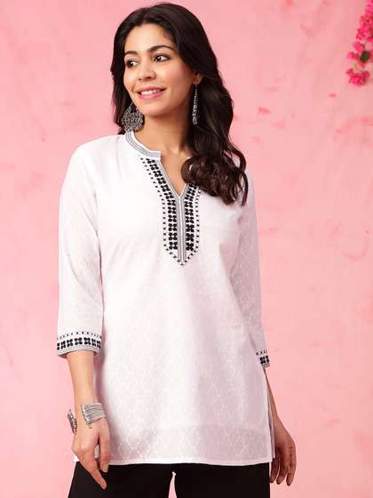 Anouk X fwd White Woven Design Thread Work Mandarin Collar Pure Cotton Straight Short Kurti