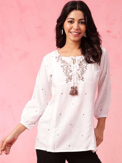 Anouk White Floral Embroidered Thread Work Straight Short Kurti