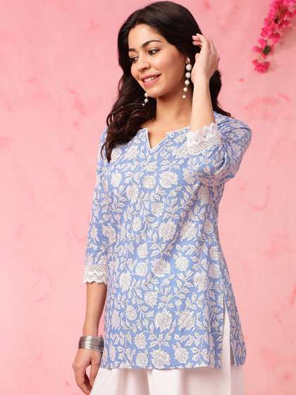 Anouk X fwd Blue Floral Printed Straight Pure Cotton Short Kurti