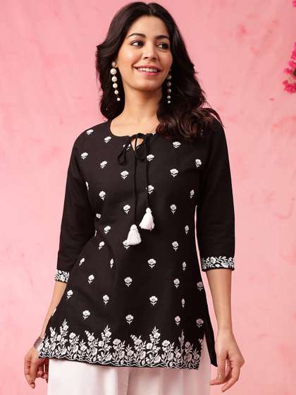 Anouk X fwd Floral Embroidered Sequinned Tie-Up Neck Cotton Short Kurti