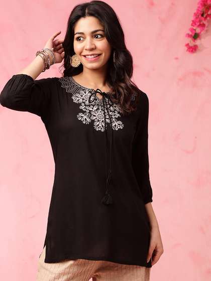 Anouk Floral Embellished Liva Tie-Up Neck Three-Quarter Sleeves A-Line Short Kurti