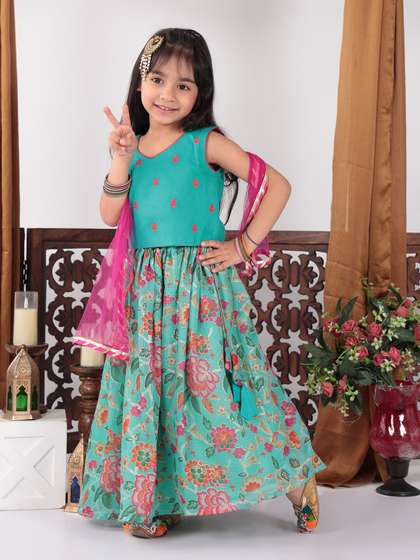 Here&Now X Kinder
                    Kids Girls Embroidered Ready to Wear Lehenga &
                    Blouse With Dupatta