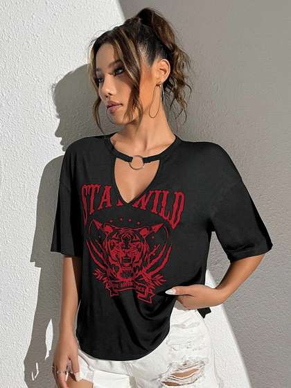Stylecast X Slyck
                        Graphic Print Keyhole Neck Cotton Top