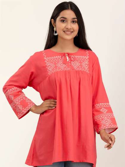 FERANOID Ethnic Motifs Embroidered Tie-Up Neck Thread Work Pure Cotton A-Line Kurti