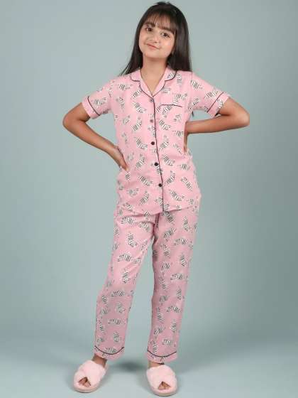 TWEENY MINI Girls Graphic Printed Lapel Collar Shirt & Pyjama