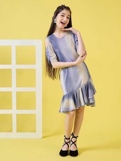 StyloBug Girls Striped
                    Cold-Shoulder Sleeves Drop-Waist Dress