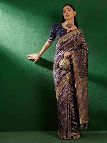 Sangria Navy Blue
                          Ethnic Motifs Woven Design Zari Banarasi
                          Saree