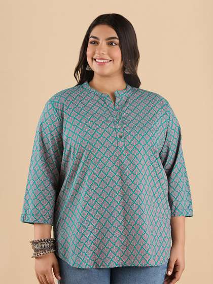 Big Hello - The
                          Plus Life Ethnic Printed Mandarin Collar Pure
                          Cotton Kurti