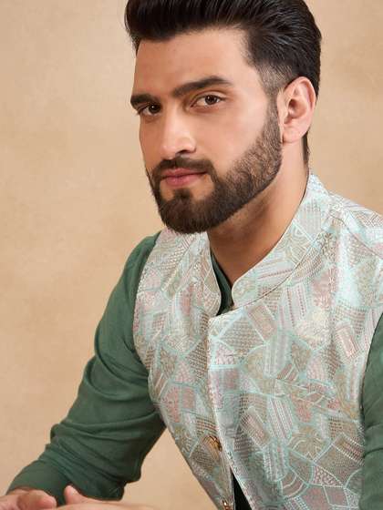 House of Pataudi
                        Woven Design Mandarin Collar Nehru Jackets