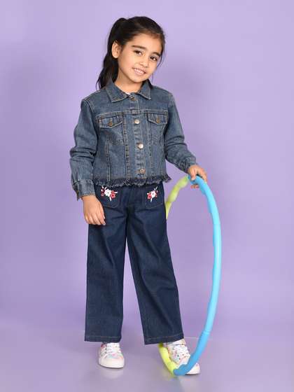 Superminis Girls Spread Collar Washed Frayed Hem Denim Jacket